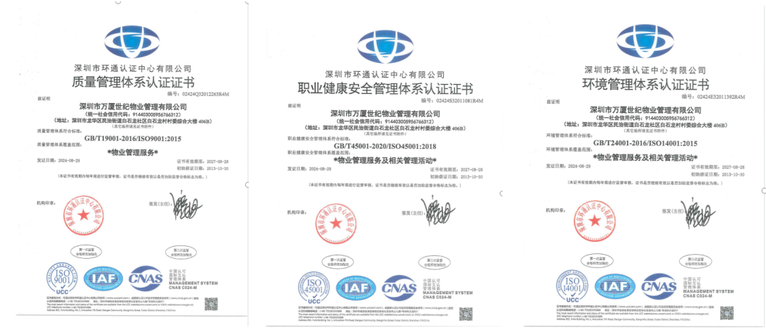 万厦世纪物业质量、环境、职业健康安全管理体系认证证书